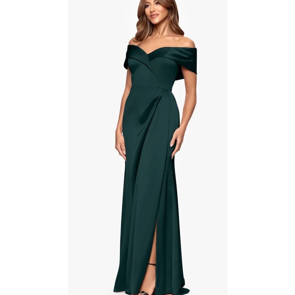 Xscape Off-Shoulder Forest Green Satin Maxi Dress